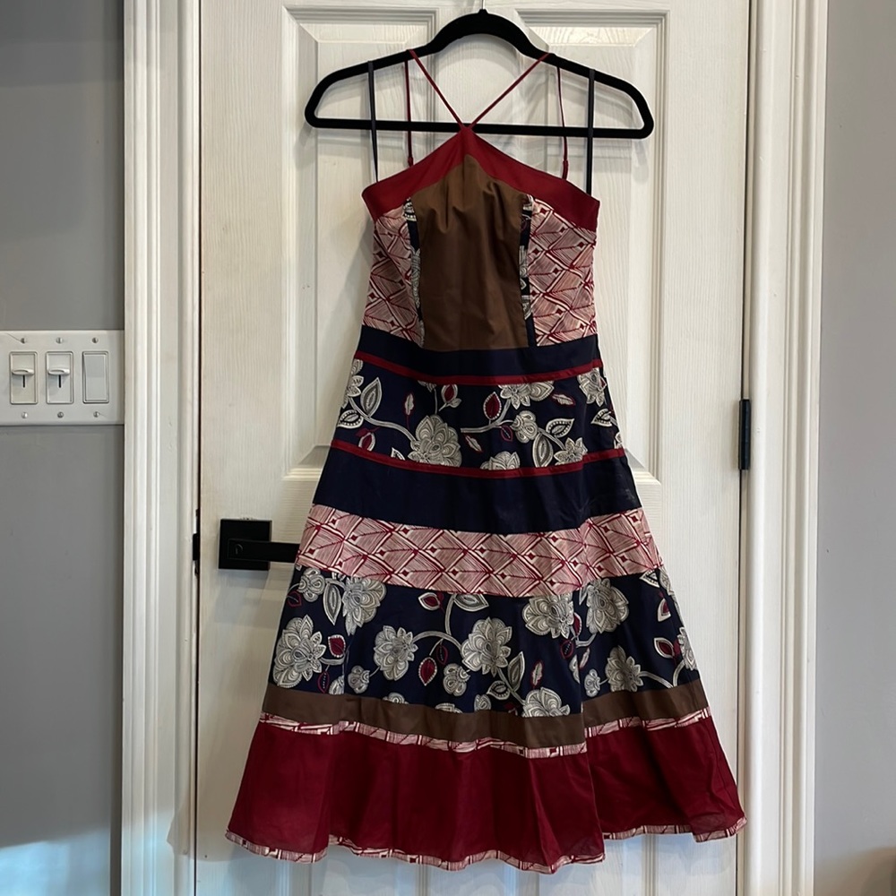 BCBG Floral Halter Dress. Mid-length.  A-line. Navy, Wine, Brown. Size 2.